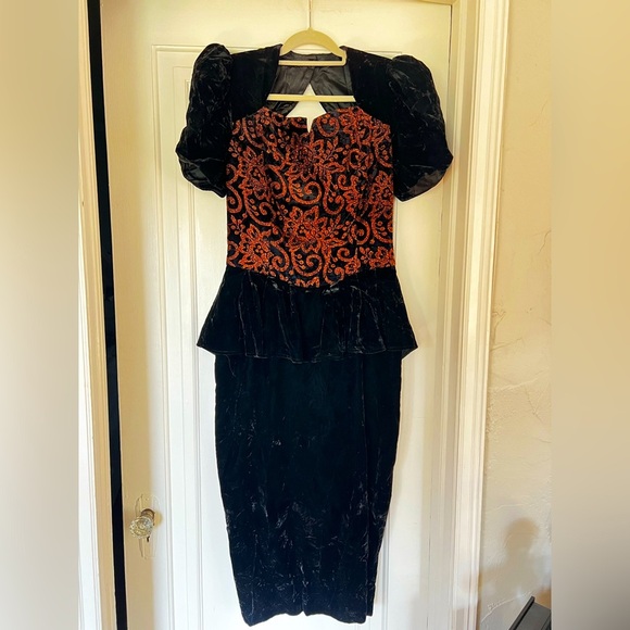 Vintage Scott McClintock Black Velvet Evening Gown Puff Sleeve Dress 80s Size 12 - Picture 1 of 10